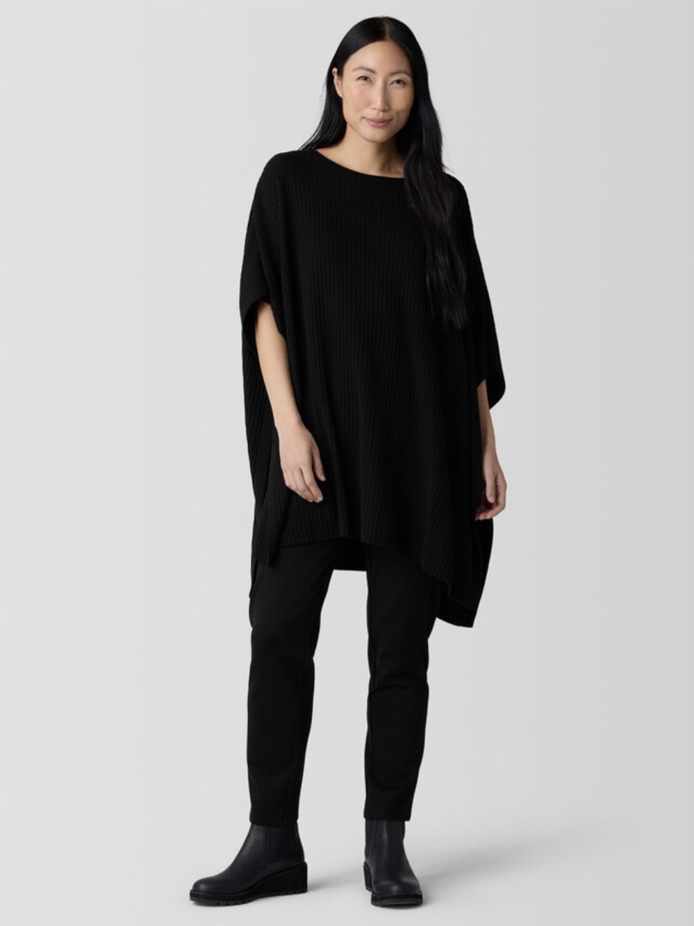 Eileen Fisher Black Oversized Ribbed Knit Poncho Sweater